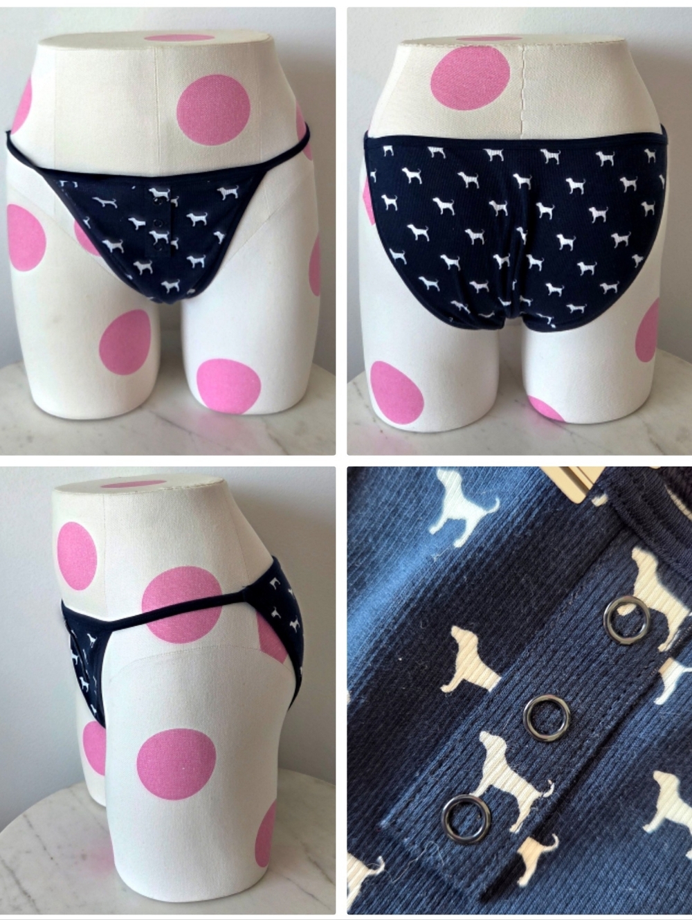 Victoria's Secret PINK Navy Blue Dog Print Ribbed String Bikini Panty NWT